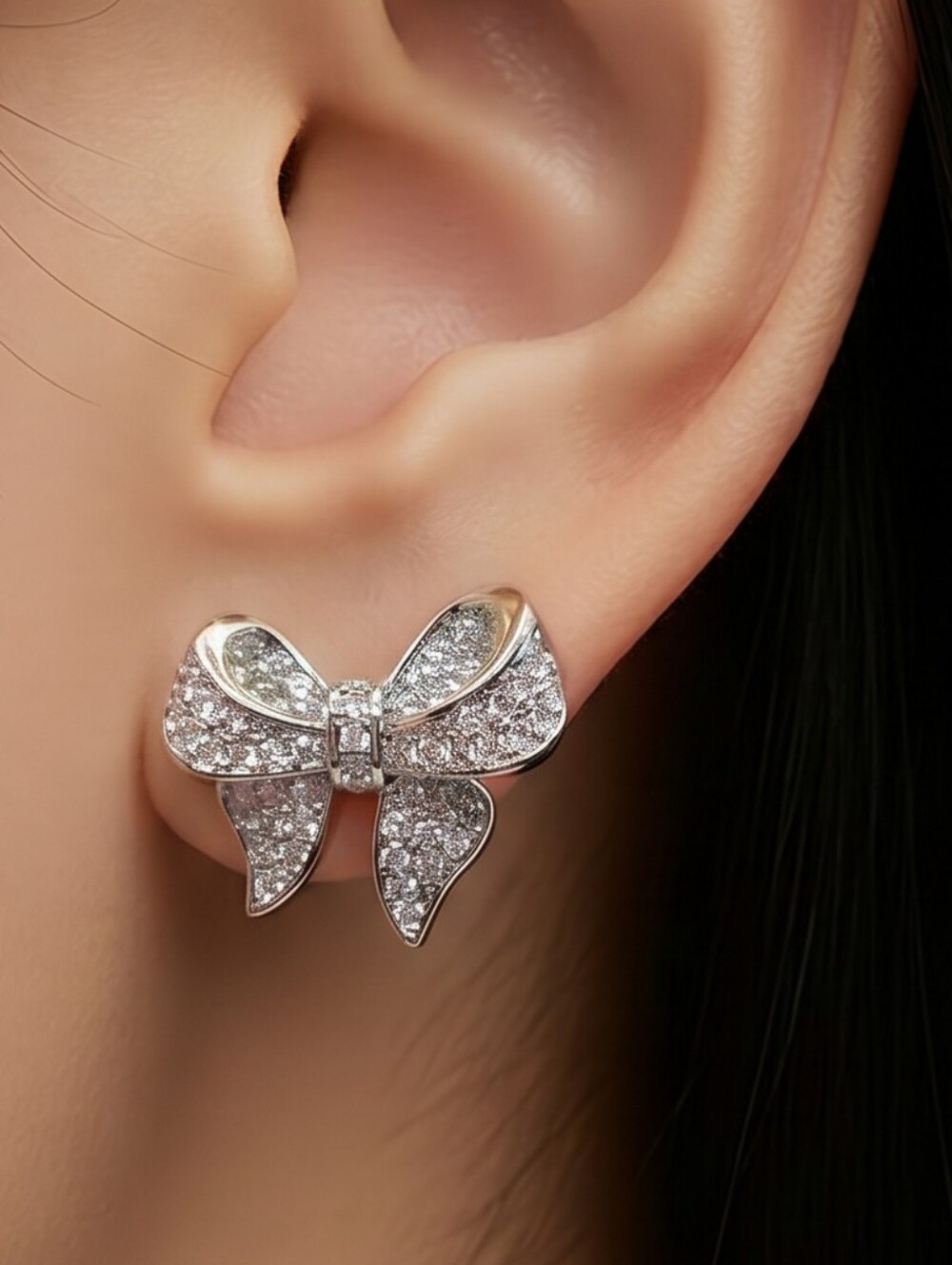Silver Rhinestone Bow Ribbon Earrings – Sparkling Studs NWT Coquette Jewelry